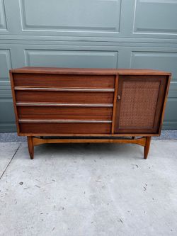 Mid-Century Modern Walnut & Rattan Cabinet  Danish Modern Credenza