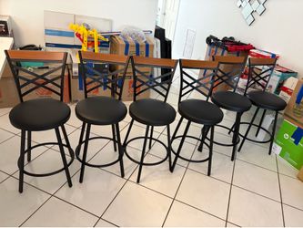 6 Counter Height Bar Stools - Black Metal & Wood Accent, Faux Leather Seats