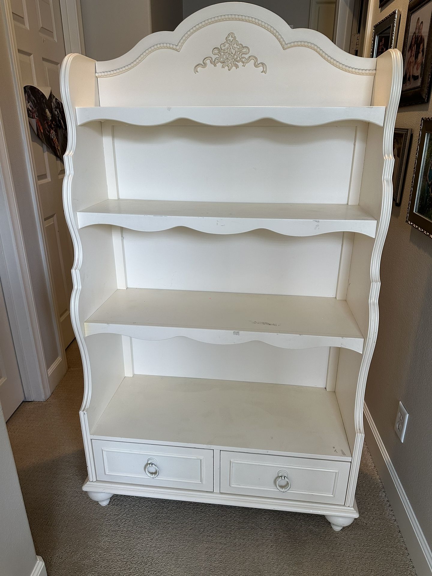 Elegant Vintage-Style Cream Bookcase with Drawers
