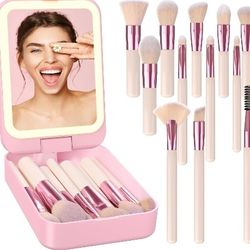 Women-Travel Makeup Brush Set with LED Light Mirror