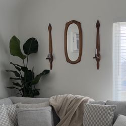 Wooden Mirror & Candle Holders