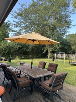Stone  Patio Table With Chairs with Cushions  And Umbrella 