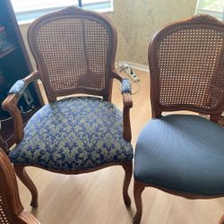Wooden Chairs With Wicker Back And Navy Blue Apolstery 6 Total
