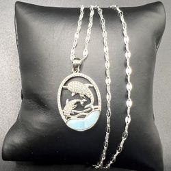 925 Sterling Silver Natural Larimar Dolphin pendant necklace size 18”