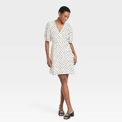 Women's Balloon Short-Sleeve Mini Wrap Dress - A New Day (Size Small, Cream/Black Polka Dots)