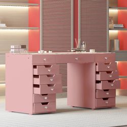 Vanity Desk - Pink, White, Or Black - Glass Top - 13 Drawers With Crystal Knobs