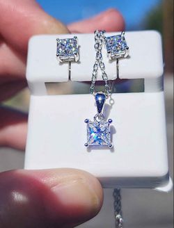 2.60 Carat Moissanite 18kt White Gold Plated Sterling Silver Earrings and Necklace Set.