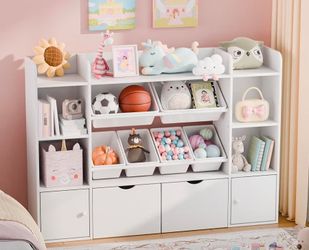 ✅️ Kids 4-Tier Toy Organizer• White Bookshelf L55.5in x H40in x W12in• 6 Bins, 2 Movable Drawers, 6 Storage Cubbies• Great Condition• $100firm
