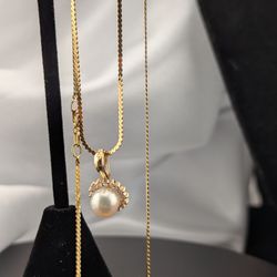 ✨💎14K Yellow Gold 💛 Diamond Halo Pearl Pendant Necklace💎👌