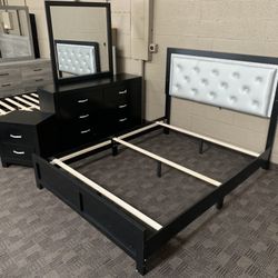 Black Queen LED Light Bed Set With Dresser