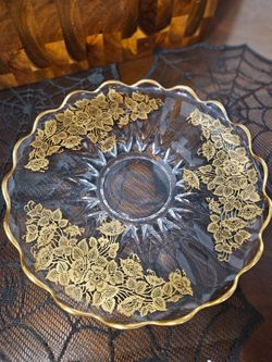 Vintage Clear Glass platter with Gold Floral Detail