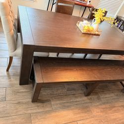 Solid Wood Dining Table With 1 Bench and 4 Chairs 