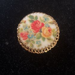 W Germany Sugar Coated Gold Tone Vintage Round Rose Brooch