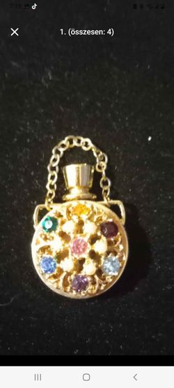 Vintage Mini Perfume Bottle Pendant – Gold Tone with Multicolor Rhinestones