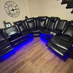 Orion Black Leather Power Reclining Sectional Couch Home Theater Movie Game Seating 