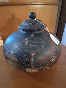 Hand-Painted Black Ceramic Lidded Jar