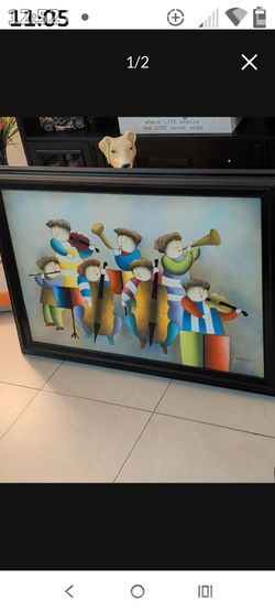 36 x24  This is a framed oil painting on canvas featuring children musicians, signed by the artist Joyce Roybal.