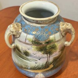 Antique Nippon Porcelain Elephant Head 3 Handled Vase 6”H