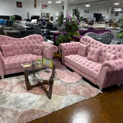Brand New 2pc Set! Pink Velvet Sofa & Love Seat!