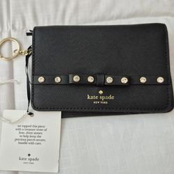 New- KATE SPADE NEW YORK BLACK REGINA LAUREL WAY JEWELED KEYCHAIN WALLET