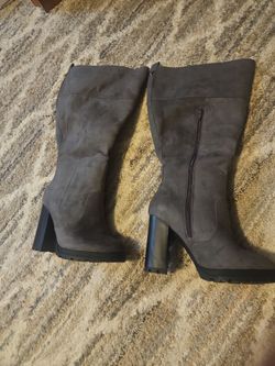 Gray Suede Mid-Calf Heeled Boots