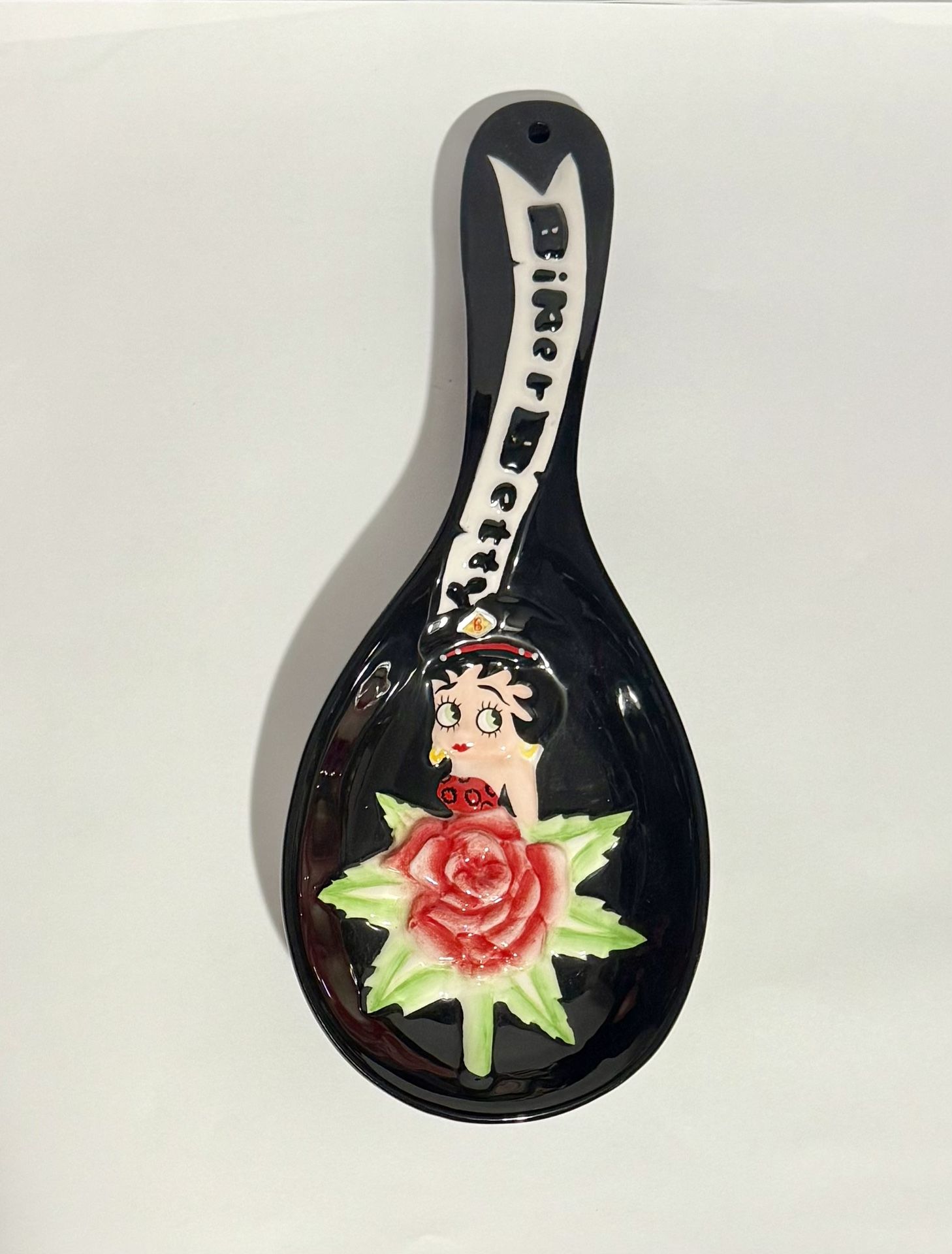 2006 Authentic Betty Boop Biker Flower Rose Porcelain Spoon Rest Biker Betty
