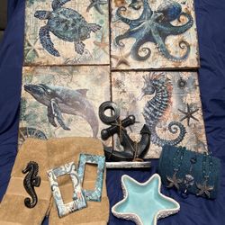  Nautical Theme Bathroom Decor Bundle – Wall Art + Accessories Set
