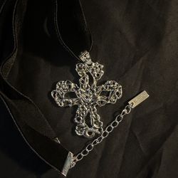 Silver Cross By With Jéan On Black Fabric Necklace 