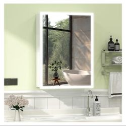 Medicine Cabinet with Light (Full Assembled), 16''x22'' LED Lighted Bathroom Mirror with Storage, Smart Anti-Fog, Aluminum Wall Mounted White 