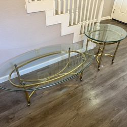 Vintage Hollywood Regency MCM Labarge Oval Glass Brass End Table & Coffee Table with flame risers End table 27"L x 23"W x 22"H Coffee table 49.5"L x 2