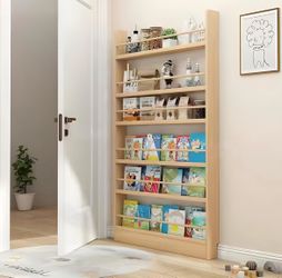 Behind the Door Bookshelf, Slim Wooden Bookcase, 6-Tier, Natural