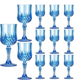 12 Pcs Blue Plastic Wine Glasses, Plastic Water Goblets for Parties, Stemmed Drinking Glasses for Wedding Reception, Grand Event Party Bar Supplies Re
