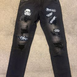 Men’s Black Patchwork Jeans – Skull Detail – Statement Denim