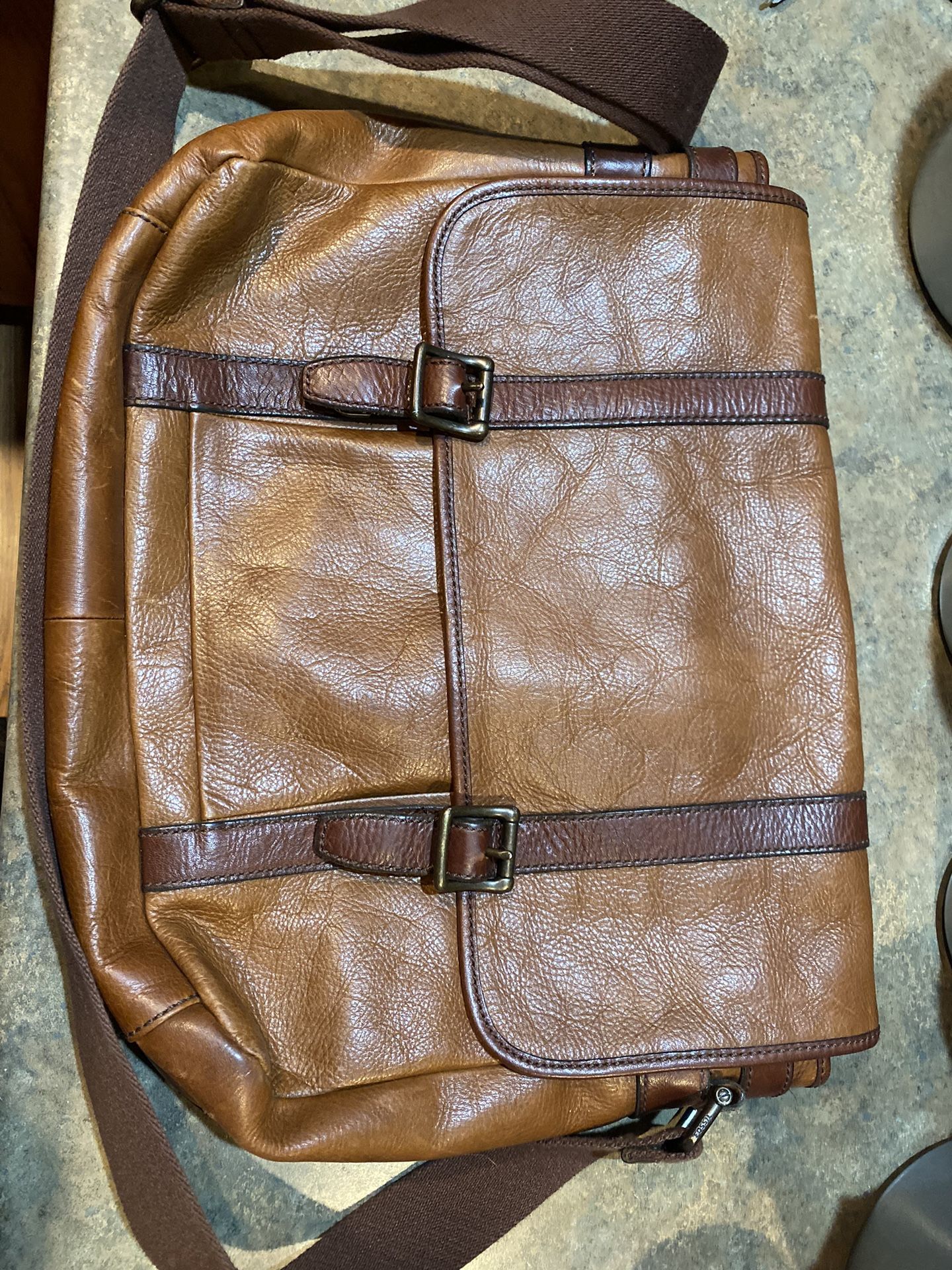 Large Leather Fossil Computer Bag. Book Bag. Messenger Bag