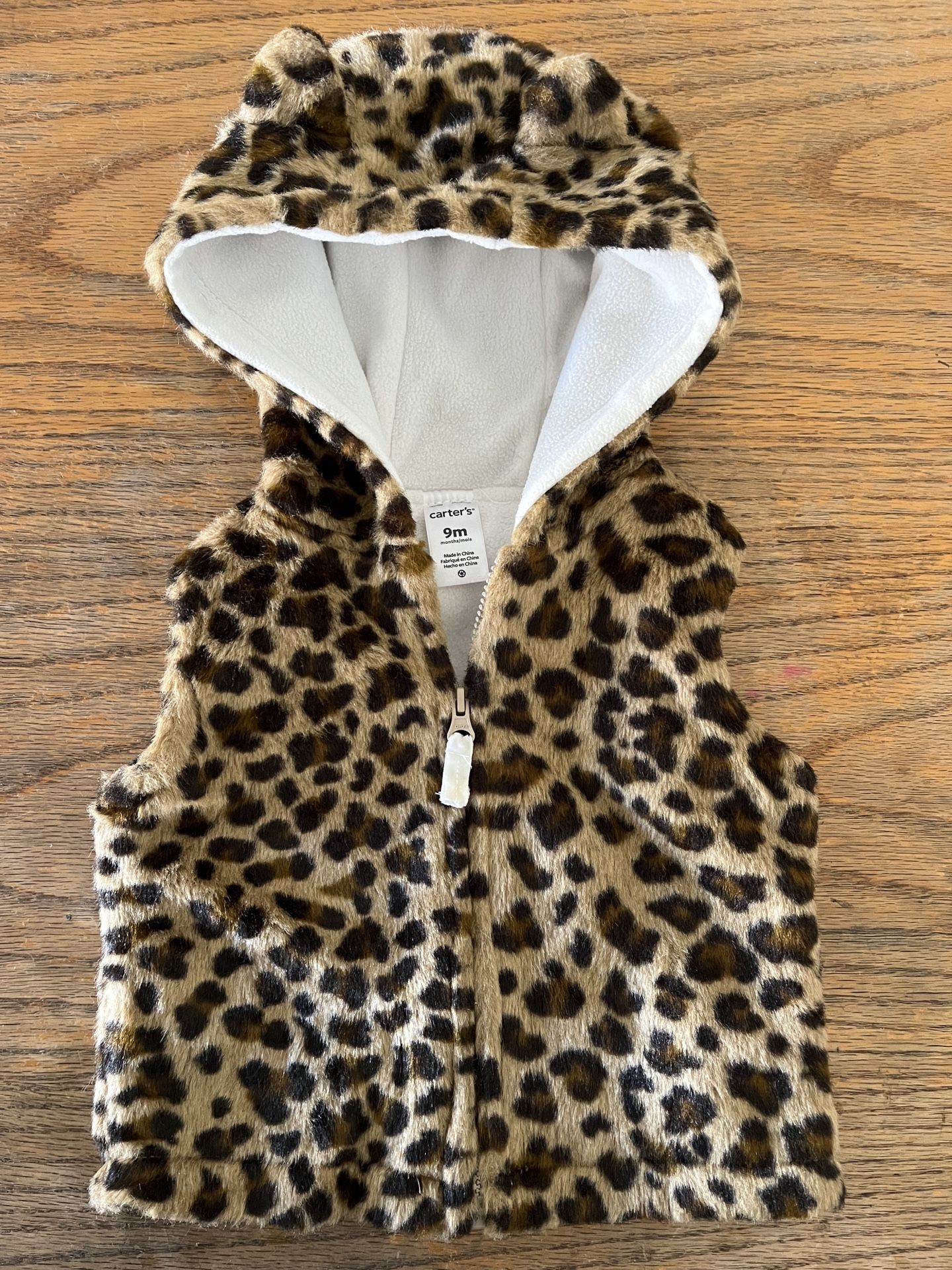 Baby Hoodie W/ Ears Fuzzy Cheetah Spots Fur Vest Jacket Size 9M In Excellent Condition