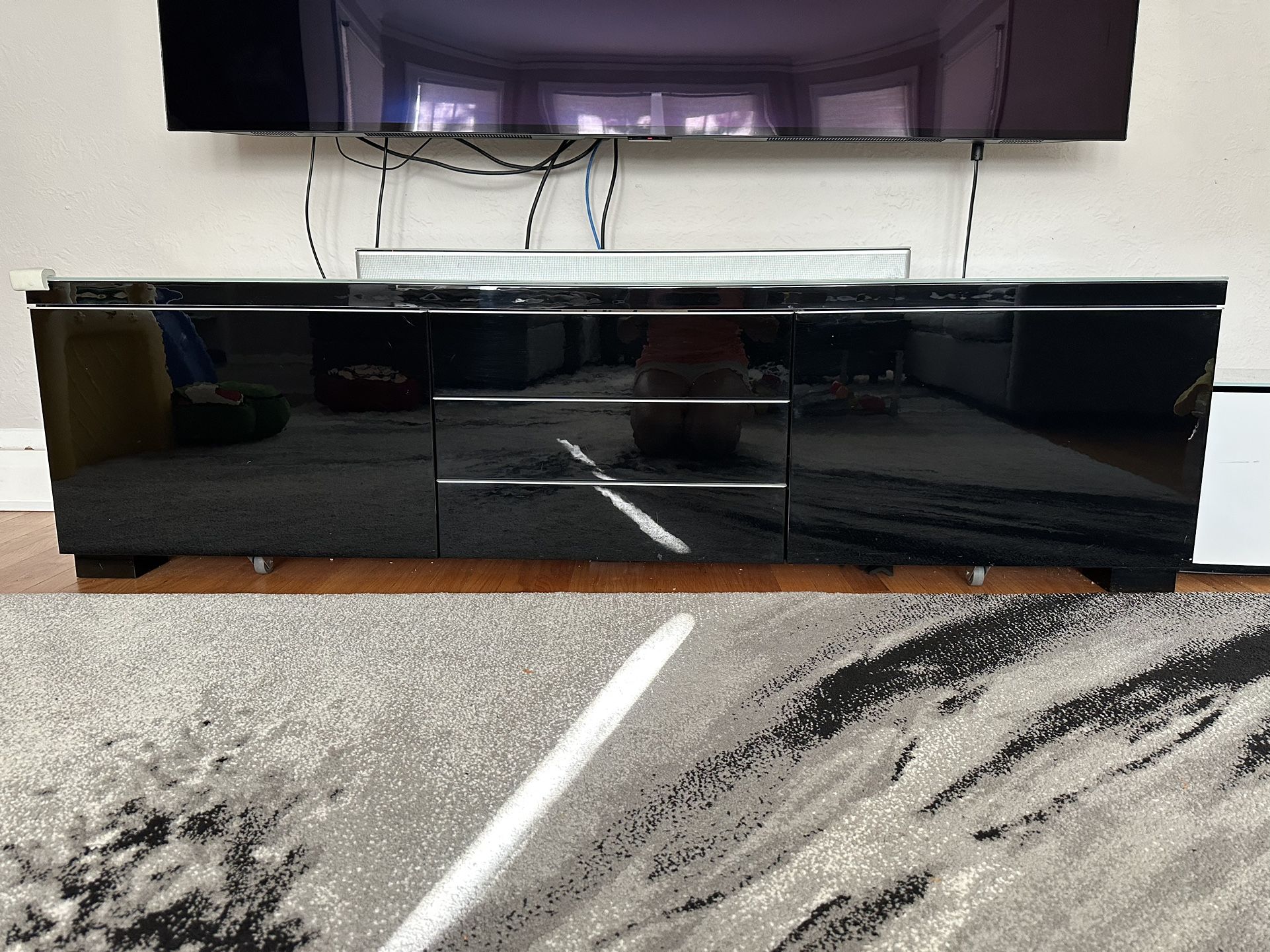 Tv Stand With Storages Besta Burs Black High Gloss+ White Glass Top