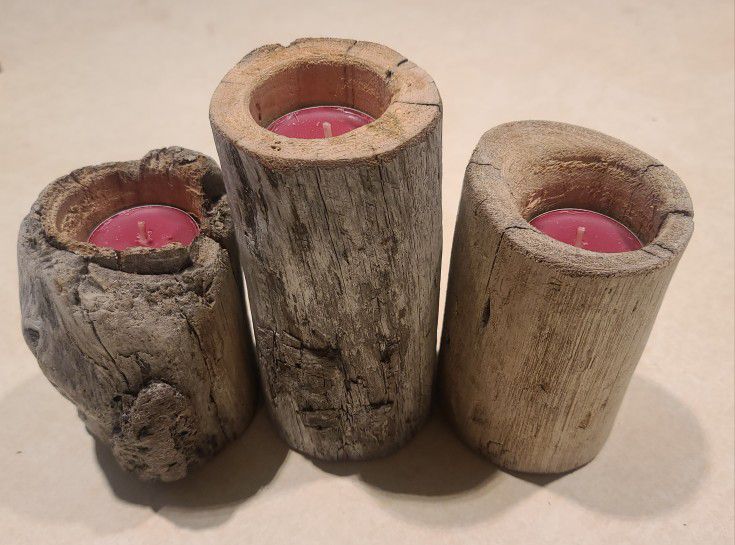 Handmade Set Of 3 Beach Wood Candle Holders