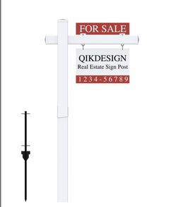 Qikdesign Vinyl PVC Real Estate Sign Post 6' Tall (Connected Type), White Realtor Yard Sign Post With Flat Cap For Open House, 36" Arm Holds Up To 24"