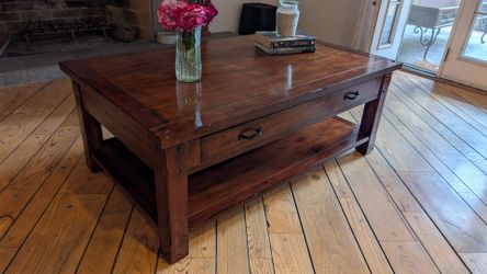 Solid Wood Rustic Coffee Table w/ Drawer & Shelf