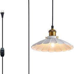 14 Ft Plug in Pendant Light Industrial 9.8” White Lampshade, On/Off Switch Hanging Lamp Plug