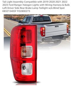 Tail Light Assembly Compatible with 2019 2020 2021 2022 2023 Ford Ranger Halogen Lights with Wiring Harness & Bulb Left Driver Side Rear Brake Lamp Ta