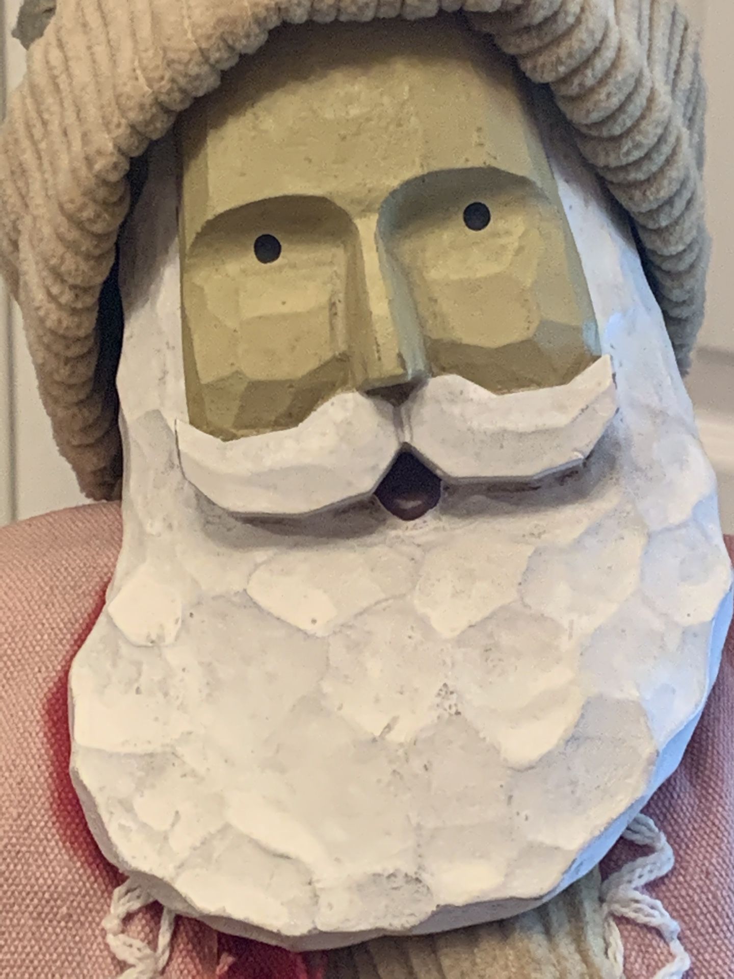 Unique Vintage 20" Carved Resin Face Santa with Foam Body on Wood Stand Pincone