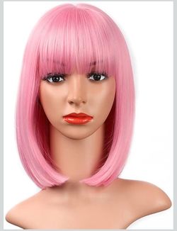 AISI BEAUTY Pink Bob Wigs with Bangs 12 Inch Short Straight Bob Wigs Colorful Synthetic Cosplay Daily Party Wig for Women