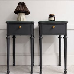 Elegant Charcoal Nightstands – Solid Wood with Glass Tops