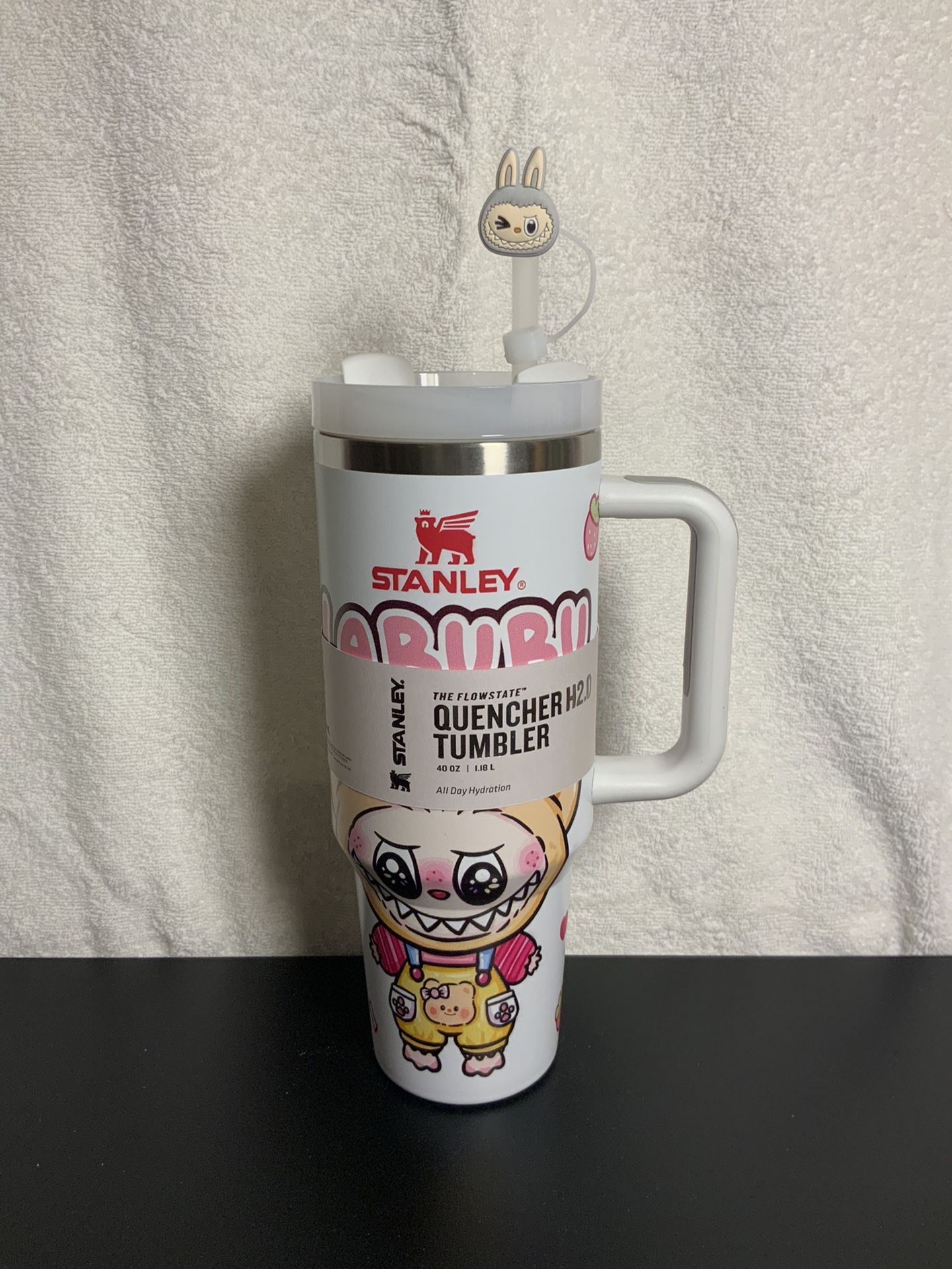 Labubu 40 Oz Stanley Quencher H2.0 Dupe Tumbler cup with straw topper - white