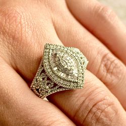 Genuine Pavé Diamond Cocktail Statement Ring featuring a Marquis Design and Filigree in .925 Sterling Silver