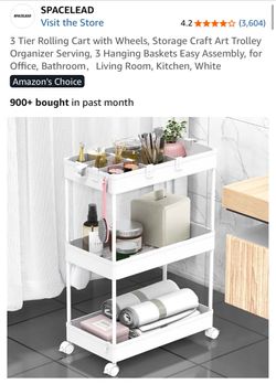 NEW In Box - SPACELEAD 3-Tier Rolling Utility Cart Organizer (White)
