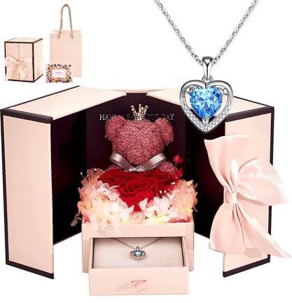 BRAND NEW Preserved Rose Moss Bear with 925 Silver Heart Necklace & LED Light