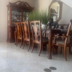 Wood Dining Table With 8 Chairs and Hutch 
