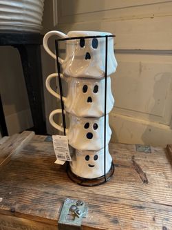Stacking Ghost Ceramic Mug Set with Metal Rack